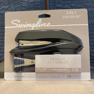 May include: A black Swingline 3-in-1 stapler set. The set includes a stapler, staples, and a staple remover. The packaging also includes 1,250 staples and has a 15-sheet capacity.