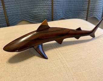 Unique Hand Carved Wood Shark Figure Sculpture 13'' long With Eyes And Teeth