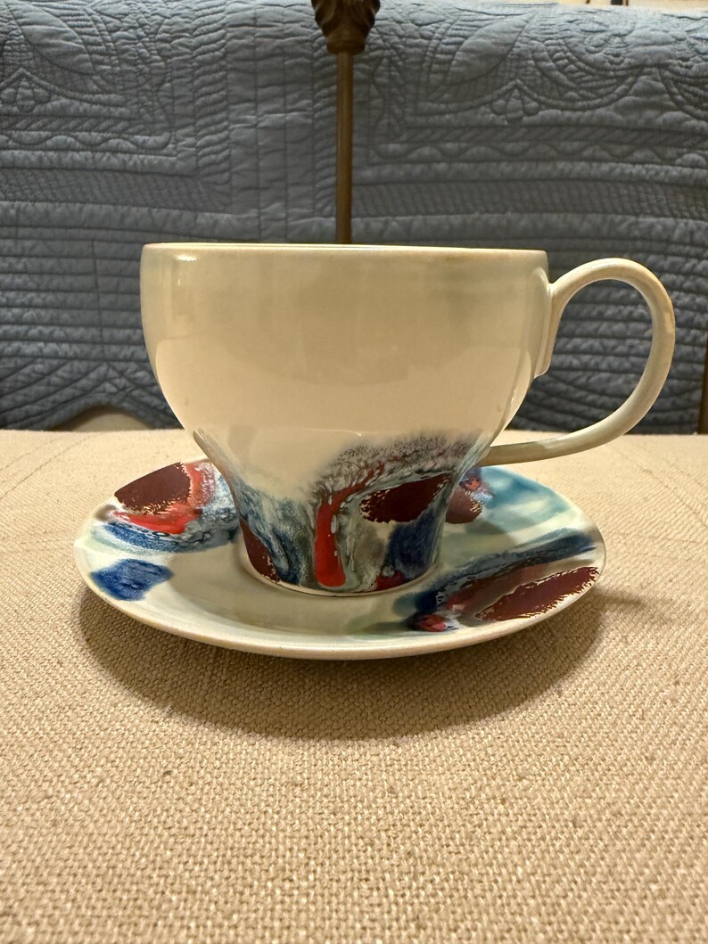 Anthropologie Feature Artist Signed Teacup and Saucer Set Abstract New Red Blue image 3