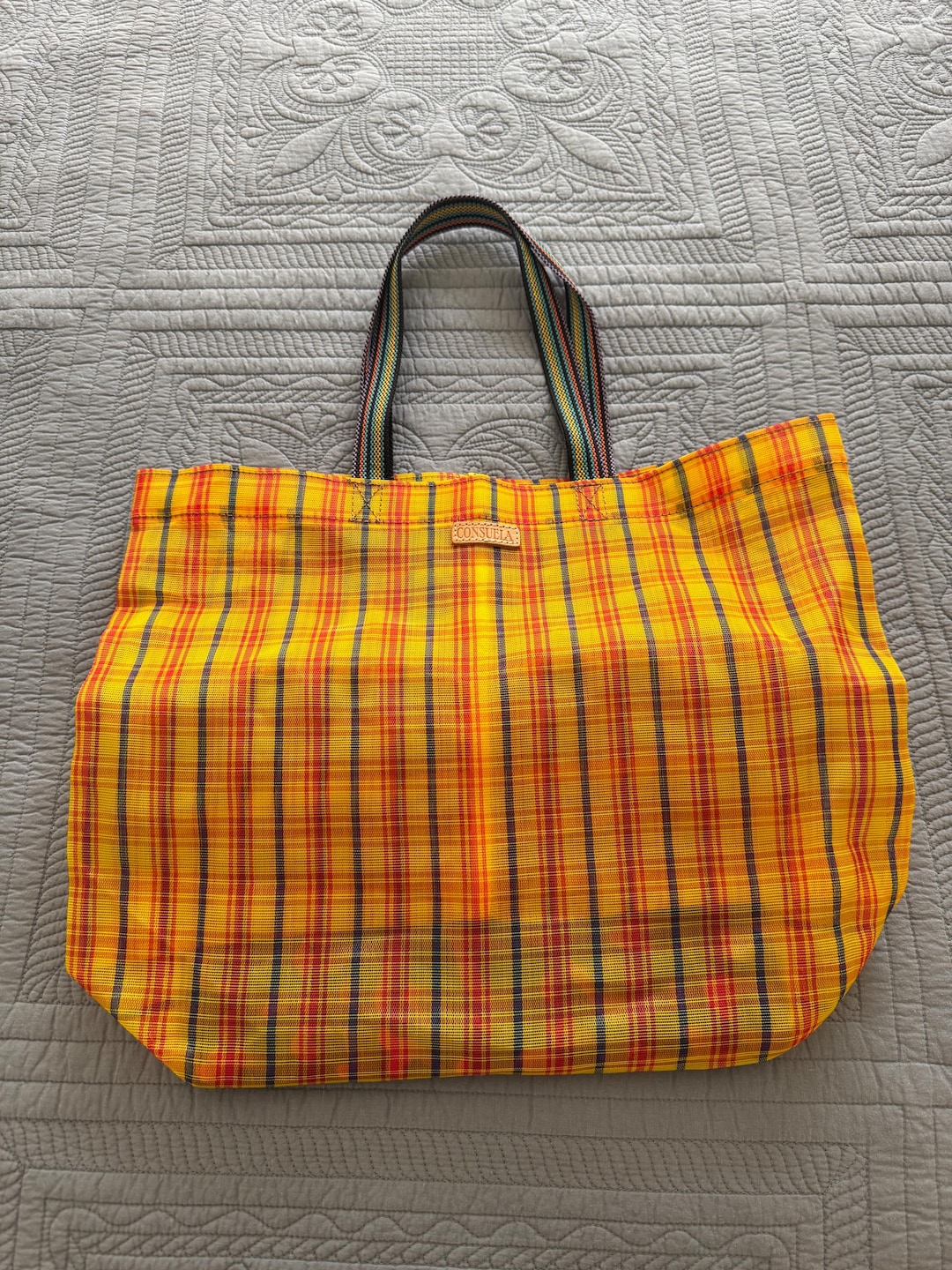 Consuela Large Mesh Bag Tote Yellow Red Blue Plaid Shopping Tote EUC - Etsy