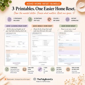 Könnte beinhalten: ADHD Home Reset Bundle mit drei druckbaren PDF-Dokumenten: ADHD Cleaning Brain Dump, ADHD Weekly Home Reset und ADHD Room Reset. Diese digitalen Vorlagen enthalten strukturierte Abschnitte zur Organisation von Aufgaben, Reinigungszielen und wöchentlicher Planung.