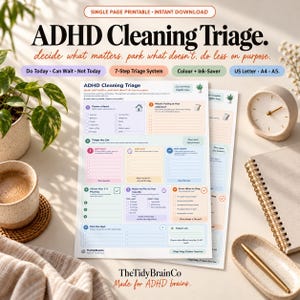 Peut inclure: Un document imprimable ADHD Cleaning Triage présentant un système en 7 étapes pour organiser les tâches ménagères. La page comprend des sections pour choisir un espace, classer les corvées en catégories et définir des objectifs quotidiens.