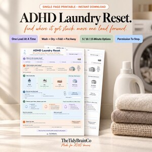 Può includere: Una lista di controllo stampabile ADHD Laundry Reset con sezioni per lavare, asciugare, piegare e riporre il bucato. Il documento include opzioni di attività da 5, 10 e 15 minuti, caselle di controllo e testo per gestire i carichi di bucato.