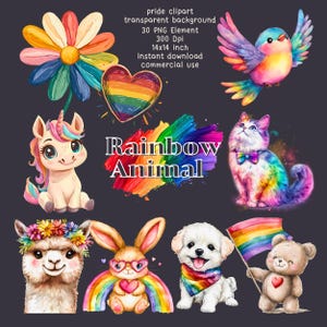 Adorables Animaux Arc-en-ciel Clipart Pack Stickers PNG Pride LGBTQ Licorne Chat Chien Lapin Ours Sublimation Téléchargement