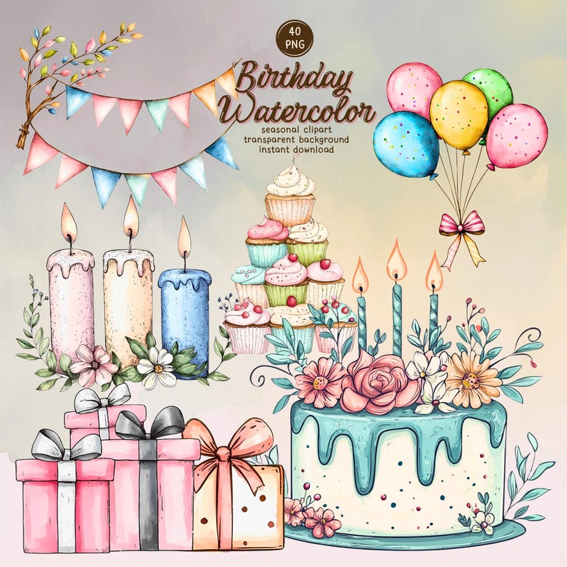 Watercolor Birthday Clipart Set: Cakes, Balloons, Gifts (PNG Digital ...