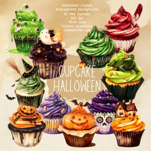Clipart Cupcake Halloween, fond Transparent, Illustration de cupcake monstre pour décoration de cuisine, friandises effrayantes d'Halloween, téléchargement immédiat