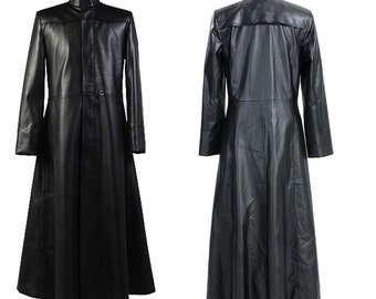 Mens Neo Matrix Casual Classic Party Wear Black Gothic Style Real Leather Full Length Trench Coat