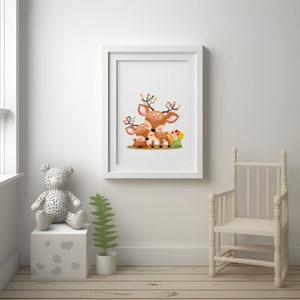 Póster de habitación infantil, ciervo, cervatillo, niño y niña, regalo de nacimiento o bautismo, cuadro de pared para habitación de bebé, póster de animales, A5/A4/A3/A2, decoración de pared bohemia