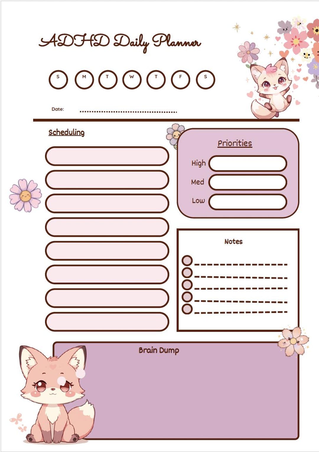 Kawaii Fox ADHD Daily Planner Printable | Kids, Teens Brain Dump ...