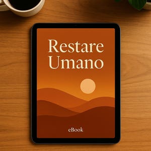 May include: A digital tablet shows the ebook cover "Restare Umano" with a sunset landscape illustration. A cup of coffee and a small plant are on a wooden surface. The text "eBook" is visible on the tablet. The words "Ebook digitale" are at the bottom.