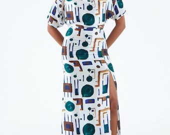 Maxi Silk Skirt with Thigh-High Left Slit, in Exclusive Abstract Print