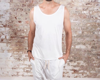 Men's Supima Cotton Wide Neck Tank Top, Curved Hem, Sustainable Loungewear, Tulum Fashion