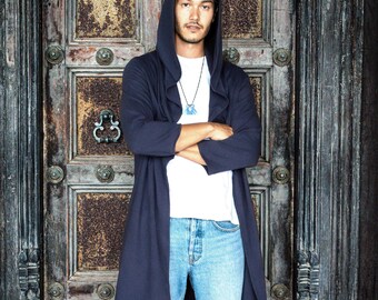 Navy Blue Unisex Cardigan, GOTS Organic Cotton, with Pockets and Hood