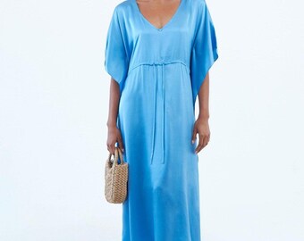 Blue Silk Kaftan Dress, Wide Sleeves, Sustainable Resortwear and Occasionwear