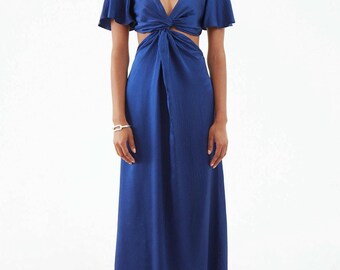 Navy Blue Silk Maxi Dress, Waist Center Twist, Open Back