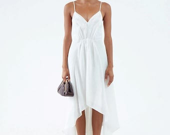 White Hemp Silk Dress, Low Back with Asymmetrical Hem, Evening Gown, Resortwear