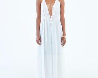 Long White Silk Slit Dress, Versatile, Sustainable, Resortwear or Beach Cover-Up