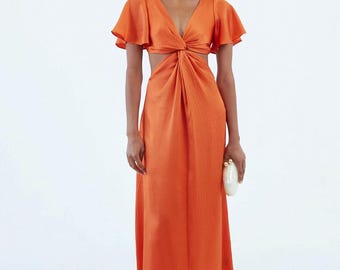 Orange Silk Maxi Dress, Front Waist Center Twist and Low Back