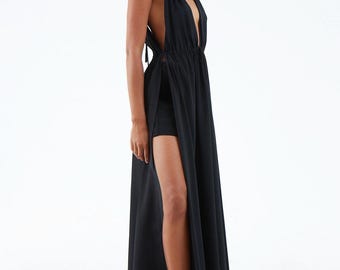 Long Black Silk Dress, Four-Way Slit, Versatile, Sustainable, Resortwear, Burning Man