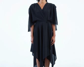 Black Silk Wrap Dress, Asymmetric Hem, Versatile Wide Sleeves, and Open Back