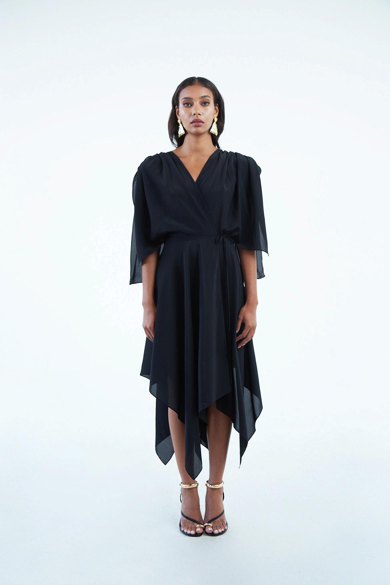 black asymmetrical wrap dress HATCH Collection The Rachel Wrap Dress in Black