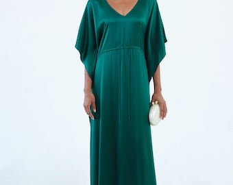 Green Silk Kaftan Dress, Wide Sleeves, Luxury, Sustainable & Non-Toxic Fashion, Resortwear, Occasion Wear