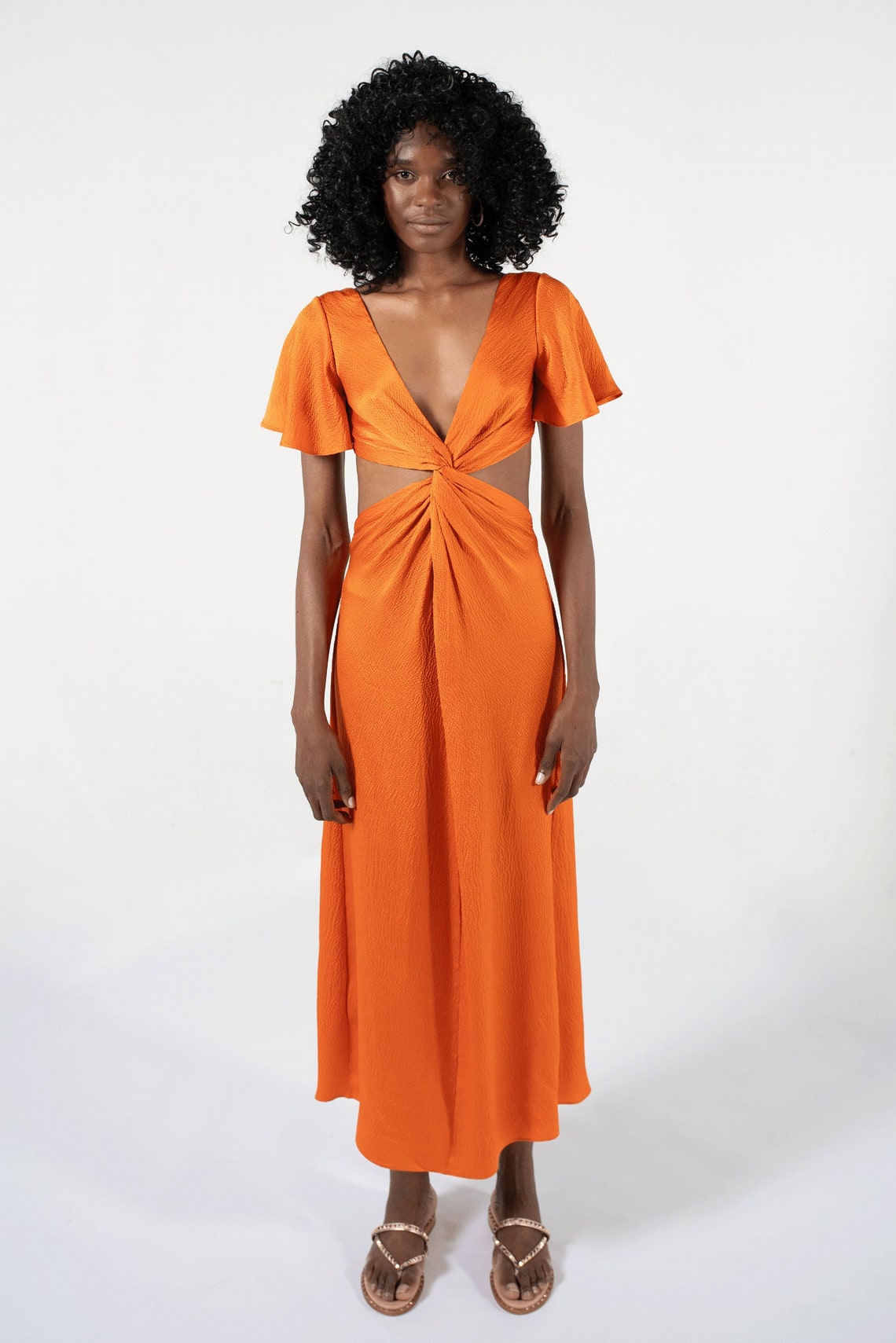 Orange or Navy Blue Maxi/midi Dress, 100% Silk, Front Center Twist