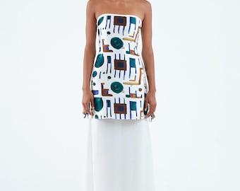 White Maxi Layered Silk Strapless Dress With Custom Abstract Print