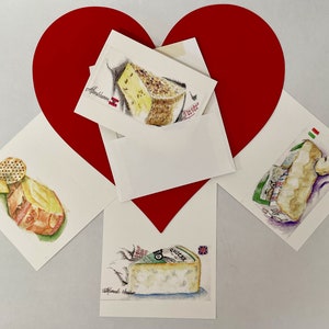 Cartes de correspondance de fromages d'artiste et cartes de tente : A. Jeu de quatre cartes de fromages français ou B. Jeu de quatre cartes de fromages européens.