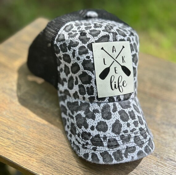 Upcycled Leopard Print Trucker Hat With Leather Patch Accent Lake Days Leopard Print Distressed Trucker Hat With Leather  main image 4