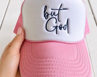 Mais Dieu rose blanc casquette de camionneur en maille brodé chapeau pour femme message religieux personnalisé dames embelli design entièrement personnalisable