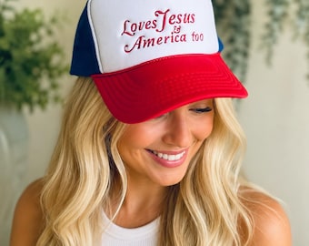 Loves Jesus and America too casquette de camionneur en résille brodée de message de chapeau pour femme design embelli pour dames entièrement personnalisable