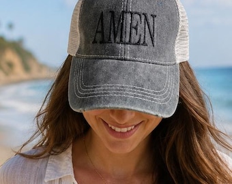 Casquette trucker vintage structurée Amen pour femme, brodée, message religieux, message religieux, design entièrement personnalisable pour femme