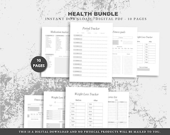 Planificador de paquetes de salud Planificador de salud Planificador de fitness Rastreador de salud Planificador médico Plantilla de seguimiento de entrenamiento Planificador de entrenamiento