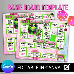 Grinch Spielbrett, Benutzerdefiniertes Spielbrett, Vorlage, Spielbrett, digitaler Download, Girls Night, bearbeitbar