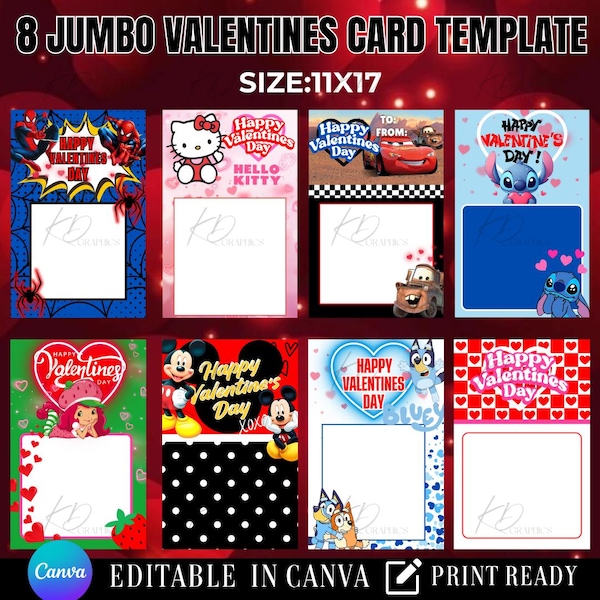 Jumbo Valentine Treat Card Template Bundle: 11x17 Editable Canva Template (Digital)