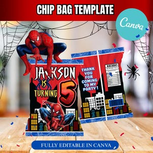 Bolsa de papas fritas de Spiderman, editable, Spiderman, bolsa de papas fritas, Canva, descarga instantánea, plantilla de bolsa de papas fritas, regalos de fiesta, regalos de fiesta de papas fritas, instantáneo