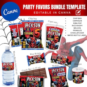 Recuerdos de fiesta de Spider-Man, editables, paquete de Spider-Man, bolsa de papas fritas, Rice Krispy, Canva, etiqueta de agua de Spider-Man, descarga instantánea, Spider-Man
