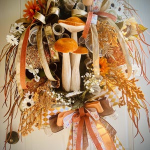 Autumn Velvet Mushroom Wreath – Whimsical Fall Door Decor – Designer Ribbons, Sunflowers, Harlequin Accents