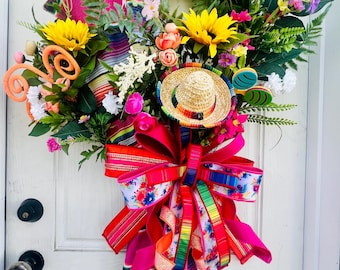 Wieniec na drzwi Fiesta, Dekoracja Cinco de Mayo, Meksykański wieniec z kwiatów Serape, Jasna letnia dekoracja drzwi wejściowych, Zawieszka na drzwi w kształcie słonecznika