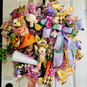 Spring Bunny Wreath  Handmade Easter Door Decor Pastel Woodland Wreath