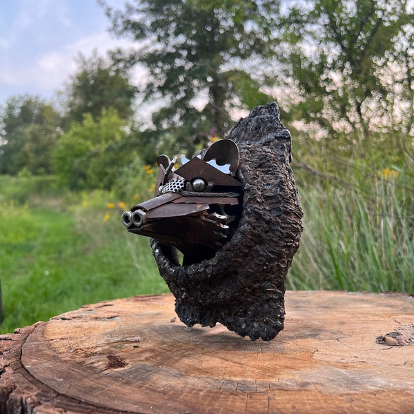 1/1 "Peeking Raccoon" Scrap Metal Sculpture