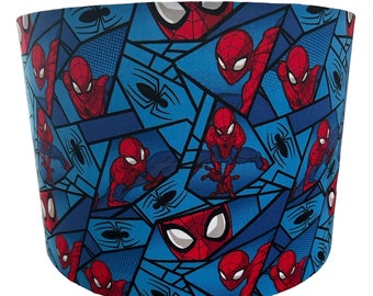 Brand New Handmade Spiderman Style Fabric Lampshade in Drum Shape.  Made for Ceiling or Tableside Fixtures and in 3 Sizes