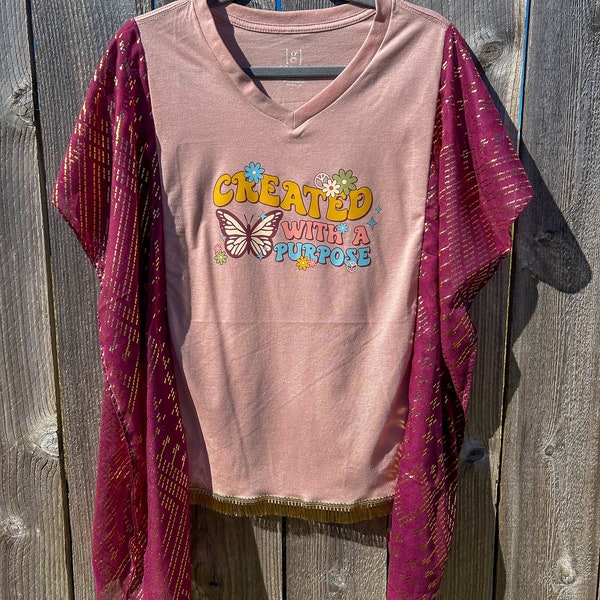 Created with Love Reworked Graphic Tshirt | Woman's Poncho Graphic Tee | Upcycled Hippie Styled Top | Boho Poncho Shirt