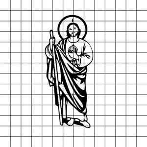 May include: A black and white line drawing of a man with a halo, holding a staff and a heart in his hand. He is wearing a robe and has a beard.