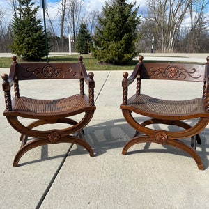 Vintage Renaissance Throne Style Wood and Cane Carved Arm Chairs, Set of 2