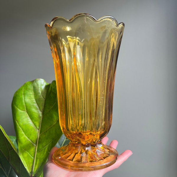 Vintage Anchor Hocking Fairfield Golden Amber Honey Tulip Pedestal Footed Glass Vase