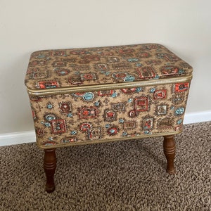 Vintage Early American Burlington Sewing Bench, Box, Footstool