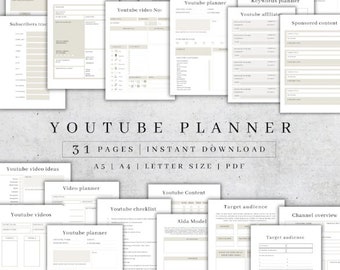 Planificador de estrategia de contenido de YouTube / Planificador de redes sociales imprimible / Planificador mensual de YouTube / Rastreador de YouTube / Plan de creación de contenido de YouTube