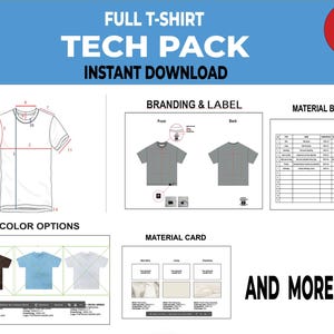 Peut inclure: Un pack technique pour un t-shirt complet, avec le texte "FULL T-SHIRT TECH PACK INSTANT DOWNLOAD". Le pack comprend des schémas, des options de couleurs, des détails de marque et d'étiquette, une nomenclature des matériaux et une fiche matière. Les options de couleurs incluent le marron, le bleu clair et le blanc.